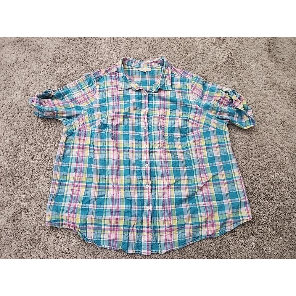 Woman Within Button Up Shirt Womens 2X 26/28 PLUS Blue Plaid Oversized